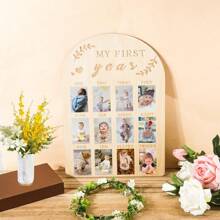 1 pieza Exhibidor de foto de hitos del primer año del bebé, placa conmemorativa del crecimiento de recién nacido mensual - Marco de fotos para colgar en la pared de madera, decoraciones para fiesta de baby shower, decoración de habitación, regalos para fiestas para niños, decoración de guardería (43*30cm/17*12in), incluye cinta y cuerda