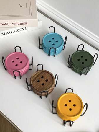 1 set med 6 st. originella färgglada knappunderlägg, runda träunderlägg med dopamin-tema och korsjärnhållare, elegant kaffekoppunderlägg för heminredning, restaurang, hotell, kafé, vardagsrums-matbordsunderläggshållare, present