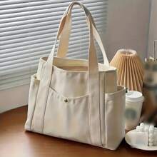 1 pieza/2 piezas Bolso de lona de gran capacidad, bolso de hombro con múltiples bolsillos, bolso de compras reutilizable, fácil de llevar con asa cómoda, para uso diario y regalos, bolso portátil para la escuela, el trabajo, los viajes y las compras