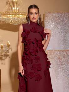 Modphy New High-End Elegant 3D Floral Decor Bodycon Turtleneck Sleeveless Butterfly Hanging Long Dress, Wedding Party Guest Bridesmaid Formal Maxi Gown For Women