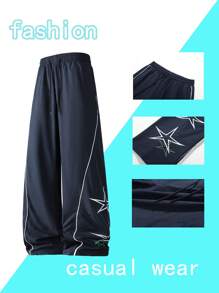 Pantalones deportivos casuales de unicolor para hombres, pantalones de chándal rectos y sueltos con cintura elástica con cordón, diseño bordado, aptos para uso diario