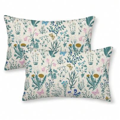 2pcs Spring Pillowcase 12x20 Inch Blue Teal Wildflower Plant Pillow Cover Seasonal Floral Outdoor Decoration Farmhouse Decor Home Sofa Mattress Cover Single Sided No Pillow Core