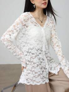 Solid Lace Sheer Cutout Long Sleeve Blouse, Sweet & Top - White - View 2