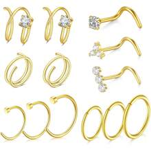 AVYRING Juego de 13 piezas de aretes y pendientes para la nariz - Joyas para perforación nasal de 20G (plata/negro/oro) - Acero inoxidable hipoalergénico, pendientes con CZ, aros dobles, anillos en C