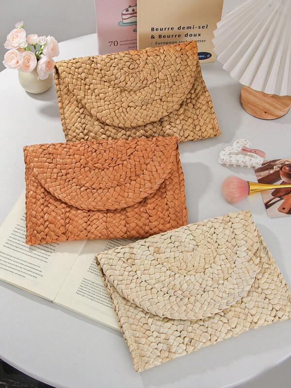 1 Peça Bolsa Clutch de Palha, Bolsa de Mão de Palha para Mulheres, Bolsa de Maquiagem de Palha para Praia de Verão, Bolsa Cosmética com Abas, Carteira de Palha, Bolsas Trançadas à Mão, Porta-Moedas, Carteiras Femininas, Bolsas Clutch, Bolsas de Palha de Milho