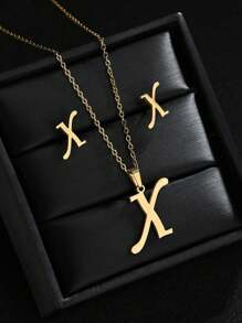 1 Set A-Z Stainless Steel Initial Necklace And Stud Earrings Jewelry Sets Alphabet Letter Pendant Chain Accessories Gifts