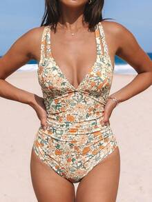 Women's Swimsuit Tummy Control Deep Double Straps Crisscross Back Tie Bathing Suit, 2025 Swimwear - 鐵鏽橙 - 查看 10