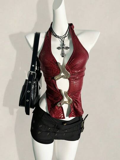 Women's Red Crocodile PU Cutout Halter Neck Top With Metal Buckle, Crocodile Print PU Leather Sleeveless Shirt For Holiday, Daily Wear, Back To School, Party, Travel, Stage Performance And Country Music Concert