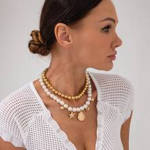1 pièce Collier pendentif avec coquillage, étoile de mer et conque, chaîne de clavicule en perles fausses CCB minimaliste pour femmes