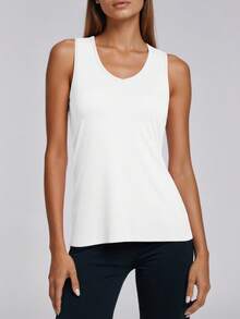 女士健身交叉带运动背心，健身房锻炼休闲无袖衬衫 - 白色 - 查看 2