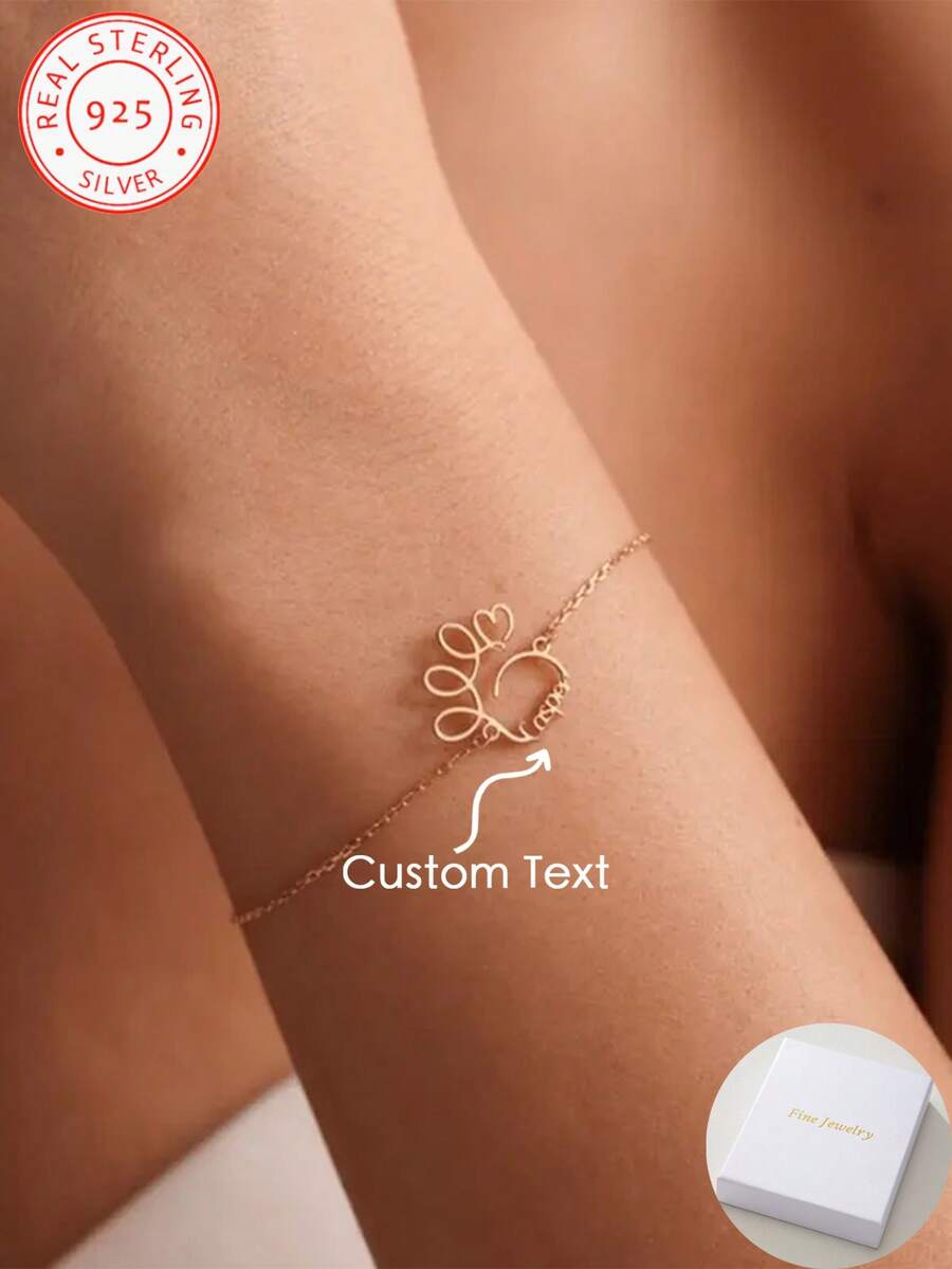 1 Piece 925 Silver Customized English Name Pet Paw Print Bracelet, Bohemian Style, Personalized Name, Durable Pet Lover Gift, Cat And Dog Owner Accessory, Simple Design Elegant Model - Multicolor - View 1