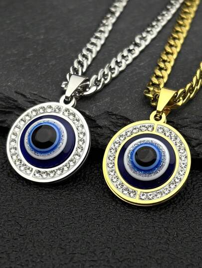 Collier pendentif en acier inoxydable avec pierre précieuse de l'œil mauvais turc, couleur or/argent, accessoire de collier pour femmes et hommes, mode et luxueux, amulette de foi, décoration de bijoux