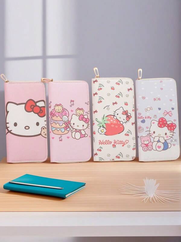 Sanrio Sanrio Hello Kitty lizenzierte Lange Geldbörse für Frauen - Niedlicher Kawaii Reißverschluss Münzbeutel mit Fächern, Y2K ästhetische Handgelenkstasche