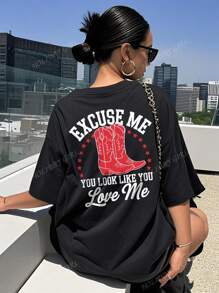 Women's Plus Size Summer Casual Resort Colorful Lettering Simple Boots Alphabet Print Pattern Crew Neck T-Shirt Fashionable Versatile Girl. Graphic T-Shirt Women's White Plus Size Top