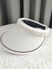 1 件随机新款大帽檐太阳帽女士夏季百搭珍珠头带帽黑色防紫外线露顶帽