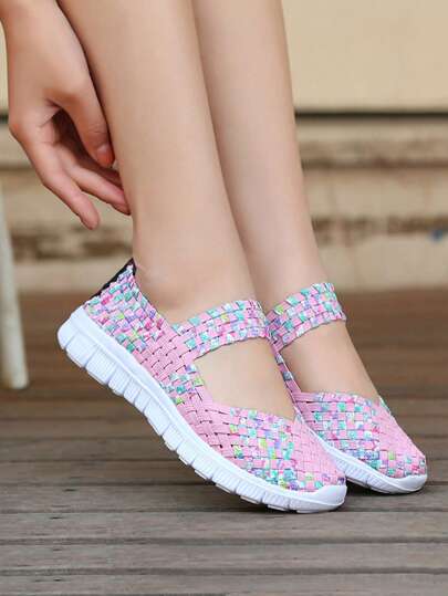 Rhombus Pattern Contrast Color Plaid Bohemian Casual Elegant Woven Crisscross Embroidery Sneakers/Casual Work Shoes, Suitable For Indoors & Outdoors, All Seasons