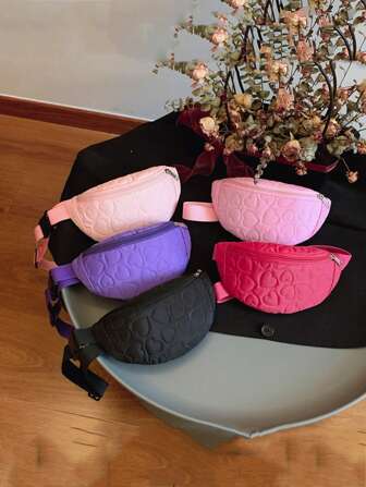 1 Pc New Style Girls' Solid Color Heart Shaped Quilted Pattern Fabric Chest Bag, Adjustable Strap, Zipper Closure, Casual Sporty Design For Outings, Shopping, Gatherings, Outdoor Activities, And Friend Gifts
