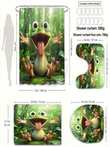1/4 Stück Frosch Muster Duschvorhang Set, beinhaltet Duschvorhang, 12 Haken, Badematte, U-förmige Toilettenvorlage, Toilettensitzabdeckung, Badezimmer Dekoration, geeignet für Badezimmer Vorhang Set für den Schulanfang