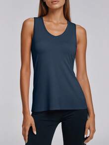 女士健身交叉绑带运动背心，夏季健身房锻炼休闲无袖上衣 - 藏蓝色 - 查看 3