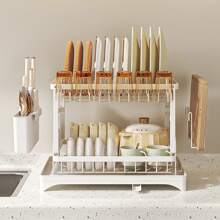 2 Tiers Dish Drying Rack Plate Bowl Cup Utensil Drainer Tray Cutting Board Pot Lid Holder Cutlery Storage Basket Kitchen Sink Countertop Organizer Adjustable Drain Pipe