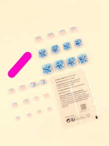 24pcs French Blue Toenails 3d Three-Dimensional Decoration Flowers Press On Toenails Fake Toenails Manicure Set Includes 1sheet Adhesive Tabs & 1pc Mini File Perfect For Everyday Wvear