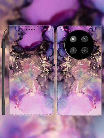 Compatible With Redmi, Honor, Phones. PU Leather Wallet Case With Watercolor Pattern, Stand Function, Detachable Lanyard, Daily And Holiday Gift Waterproof Shockproof Anti-Fall Scratch Resistant