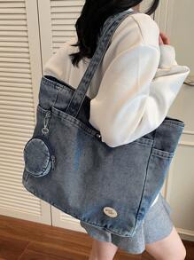New Fashion Casual Solid Color Washed Canvas Women Tote Bag With Multiple Pockets, Shoulder Bag, Large Capacity Suitable For Commuting & Shopping,Including Coin Purse