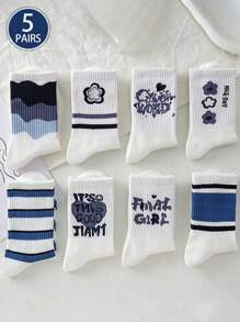 5 Pares (Estilos Aleatórios) Meias de Média Cano Versáteis para Todas as Estações para Mulheres, Azul/Verde, Estilo Streetwear Chique, Estilo Tulipa Grafite Fofo Estilo Universitário