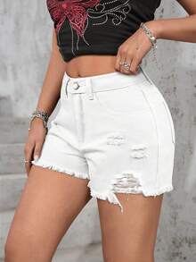 Shorts vaqueros blancos casuales de mujer con bolsillo y borde deshilachado