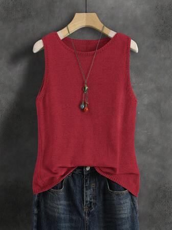 纯色针织背心，复古日系风格，休闲短款开衫，百搭实用，适合夏季、度假、四季、初秋、通勤、简约复古风、色彩缤纷的音乐节、校园等场合，无袖上衣