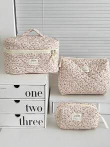 1Pc Pink Quilted Makeup Bag With Bow, Large Capacity Multifunctional Pouch For Cosmetic/Sanitary Pad, Portable Travel School Storage Bag - Multicolor - View 8