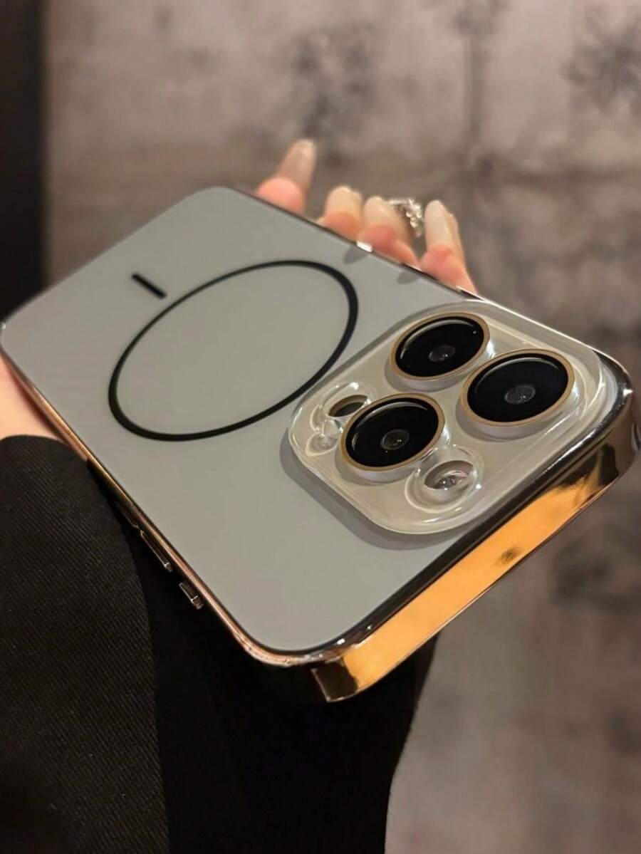 1 pieza Funda magnética minimalista con marco enchapado compatible con iPhone 17 Air 16 15 14 13 12 Pro Plus Max, carga inalámbrica, cubierta trasera de silicona suave - Gris - Ver 1