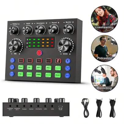 Live Sound Card V8S音頻DJ設備混音器帶變聲器，播客混音器，BM-800麥克風音頻設備套裝，適用於電話遊戲卡拉OK錄音棚現場直播播客，支援遊戲演唱和其他直播應用平台