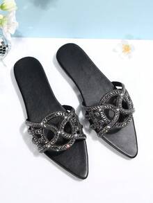 休闲时尚简约露趾尖头系带玻璃水钻装饰舒适女士凉拖，春夏穿搭 - 黑色 - 查看 7