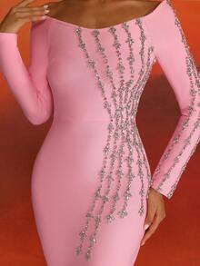 LOVE Aing Elegant Women's Off Shoulder Long Sleeve Luxury Evening Dress With Handcrafted Rhinestones, Backless Design, Suitable For Weddings - Pink - View 10