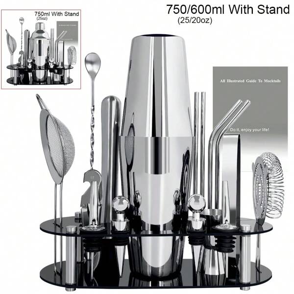 KCJLHGT 16 teiliges Cocktail-Shaker Set mit schwarzem Ständer und Cocktail-Rezepten, 25oz(750ml), 25/20oz(750/600ml) Shaker, Barkeeping Set Barwerkzeuge, Bar Cocktail Shaker Barkeeper Set: Jigger/Stampfer/Ausgießer/Löffel/Cocktail Rezepte für Familie, Party