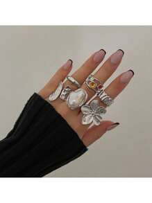 Set van 6 stuks geometrische ringen in barokstijl met imitatieparels en edelstenen, geschikt voor dagelijks gebruik door vrouwen.