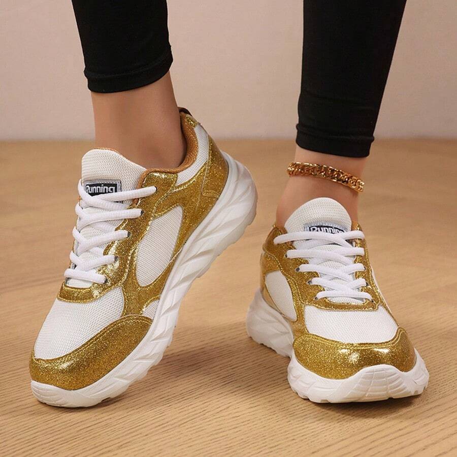 Tenis casuales de mujer de suela gruesa, moda, transpirables, de suela suave y ligera - Dorado - Ver 1