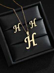 1 Set A-Z Stainless Steel Initial Necklace And Stud Earrings Jewelry Sets Alphabet Letter Pendant Chain Accessories Gifts