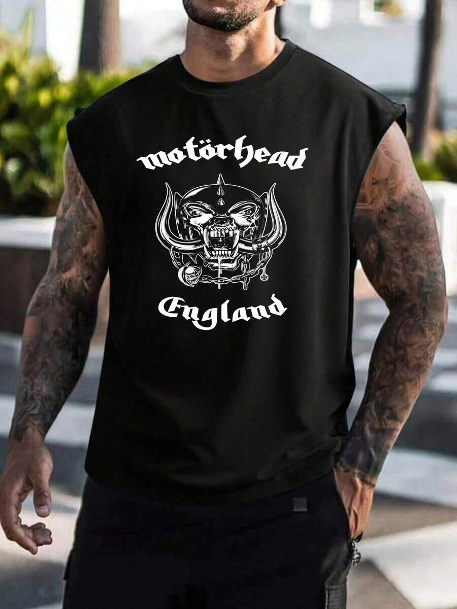 Men's Vest England Band Skull Tank Top Black Graphic Sleeveless 1Pcs - màu đen - Xem 1
