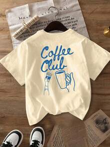 Damen "Coffee Club" Grafik-Muster T-Shirt - Lässiges Rundhals Kurzarm Top, weiße Basis mit blauem Buchstaben und Kaffeetassen Muster, maschinenwaschbar, Bekleidung | Grafik T-Shirt - Aprikosenfarben - Übersicht 6