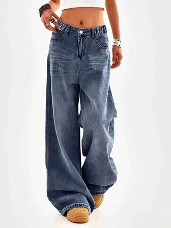 Ljusblå raka jeans för tonåringar, casual lös passform retro vida byxor