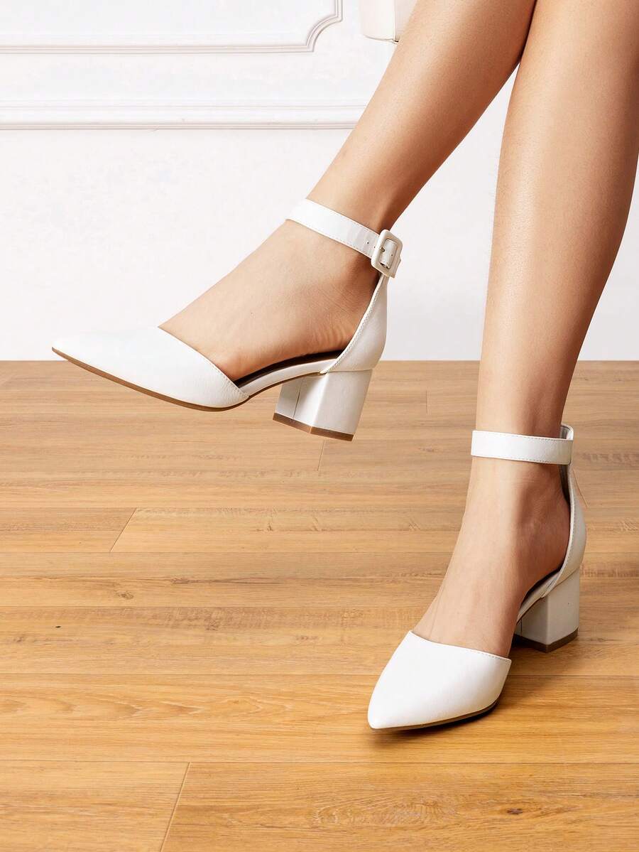 Wide Fit Women's Ankle Strap Low Heel Pumps Solid Color Elegant Formal Wedding Shoes - trắng - Xem 1