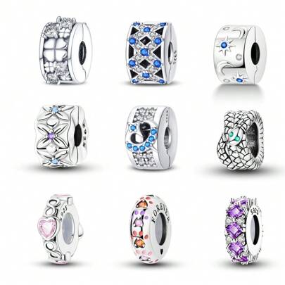 1 pezzo Fermaglio fisso in argento sterling 925 a tema notte stellata, fermaglio a quadrifoglio, fermaglio con pietre, fermaglio con griglia e pietre, fermaglio fisso con fiore a cuore vintage blu e viola, perla a forma di serpente, perla a simbolo dell'infinito a cuore, fermaglio fisso con artigli stampati in zirconia colorata