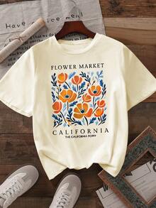 女士休闲短袖圆领 T 恤 - 杏色 - 查看 1