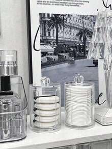 1 pieza Caja de almacenamiento redonda de algodón, Contenedor de almohadillas desmaquilladoras con tapa, Organizador de cosméticos transparente, Caja de almacenamiento de almohadillas de algodón para el baño, Adecuado para volver al colegio, verano, Navidad