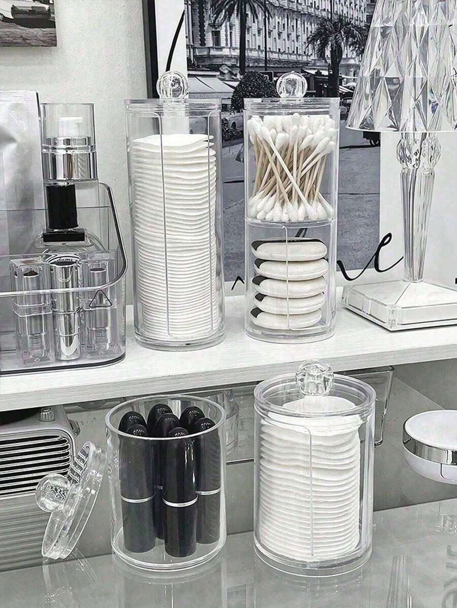 1 pieza Caja de almacenamiento redonda de algodón, Contenedor de almohadillas desmaquilladoras con tapa, Organizador de cosméticos transparente, Caja de almacenamiento de almohadillas de algodón para el baño, Adecuado para volver al colegio, verano, Navidad