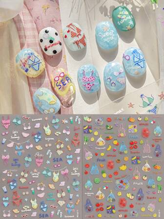 2pcs Summer Beach Shell Cartoon Embossed Manicure Stickers - Exquisite Fruit, Shell And Beach Pattern, Beach Design, Self-Adhesive Manicure Decals For Women, 5D Embossed Finishes, Cartoon, Beach And Fruit Themes, Easy To Apply Nail Decoration, DIY, Holiday Gifts, Makeup Styling Supplies, Wedding Styling Supplies