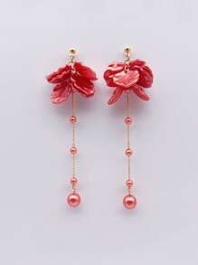 Brincos De Corrente Pérola Falsa Floral Estilo Coreano Com Pingente, Acessórios De Orelha Elegantes E Doces Para Meninas