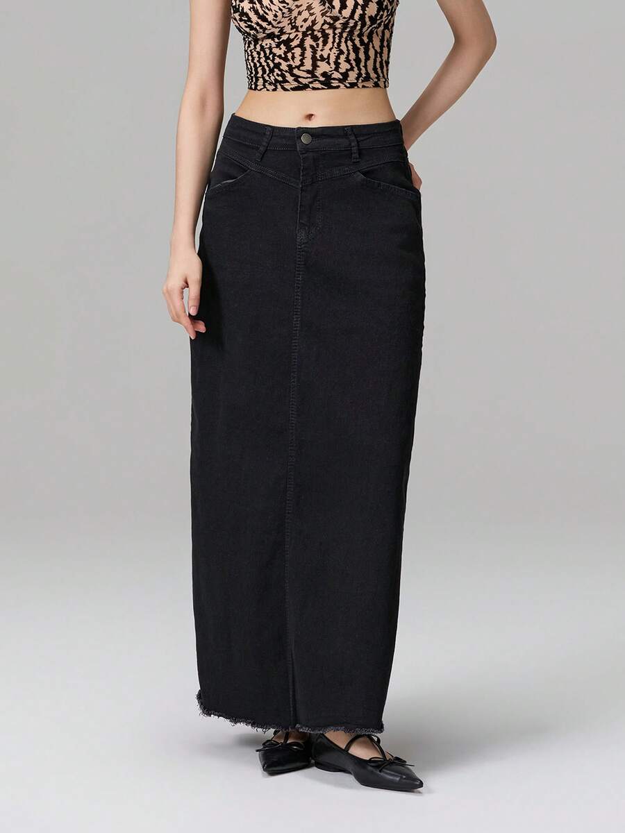 Women's Mid Waist Denim Skirt Solid Color Long A-Line Skirt With Pockets - 黑色 - 查看 1